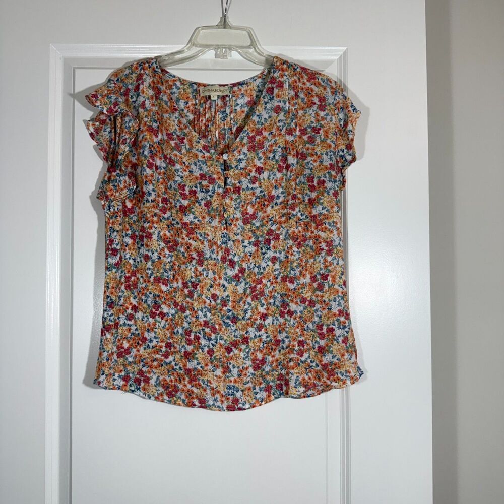Cynthia Rowley Ditsy Floral Ruffle Sleeve Blouse Sz L
